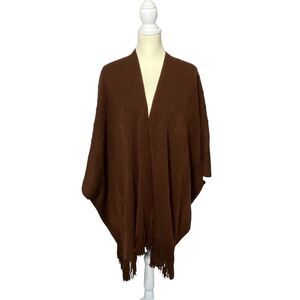 Chocolate Brown Knit Textured Open Front Pancho Cape Cardigan Women's One Size